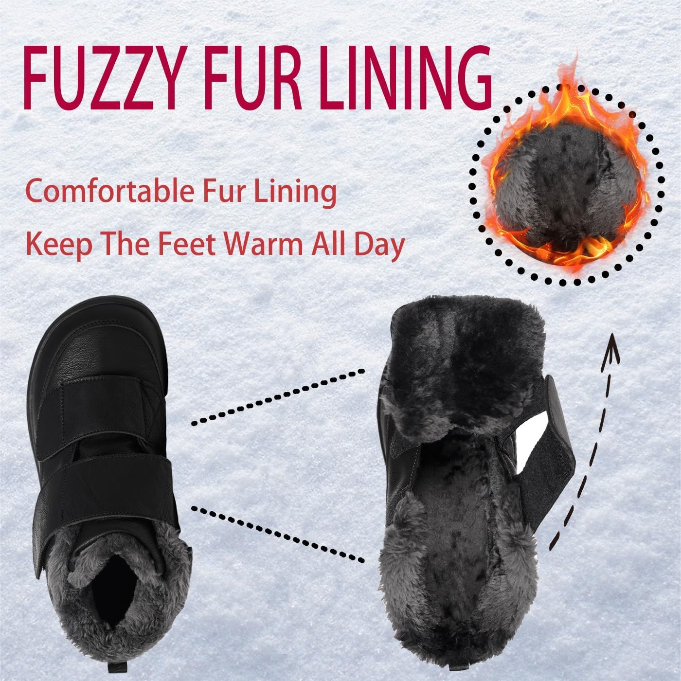 Hsyooes Diabetic Boots for Men Wide Width Winter Snow Boots Adjustable Straps Anti-slip Water Resistant Winter Shoes Warm Fur Lining Diabetic Shoes for Swollen Feet