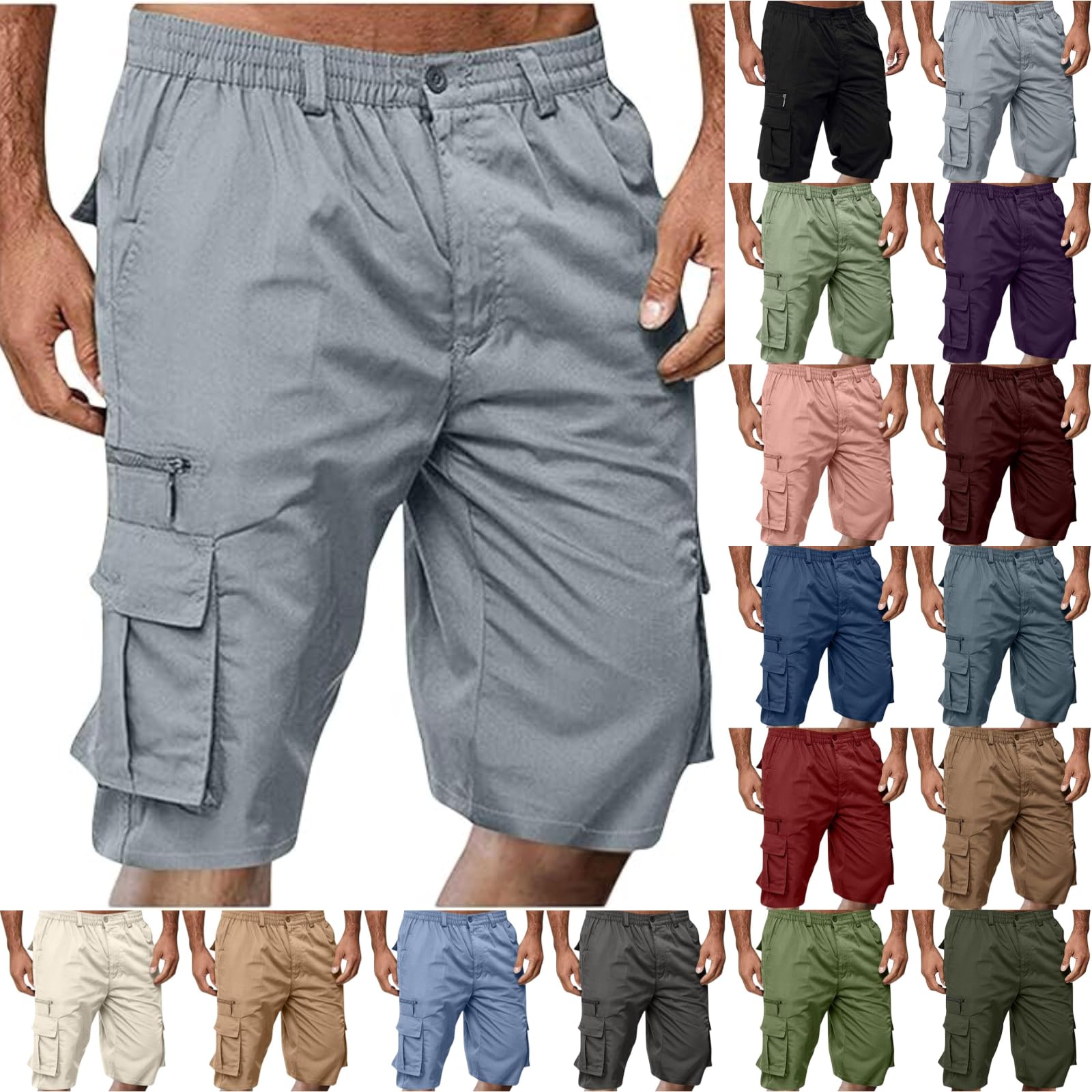 Cargo Shorts for Men Casual Summer Hiking Pants Elastic Waist Big and Tall Knee Length Multi-Pockets Bermuda Shorts