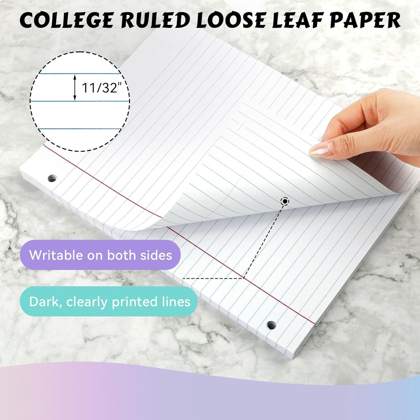 Loose Leaf Paper Wide Ruled Notebook Paper, 8" x 10.5" Lined Filler Paper for 3-Ring Binders, 3-Hole Punched Writing Paper-120 Sheets, White