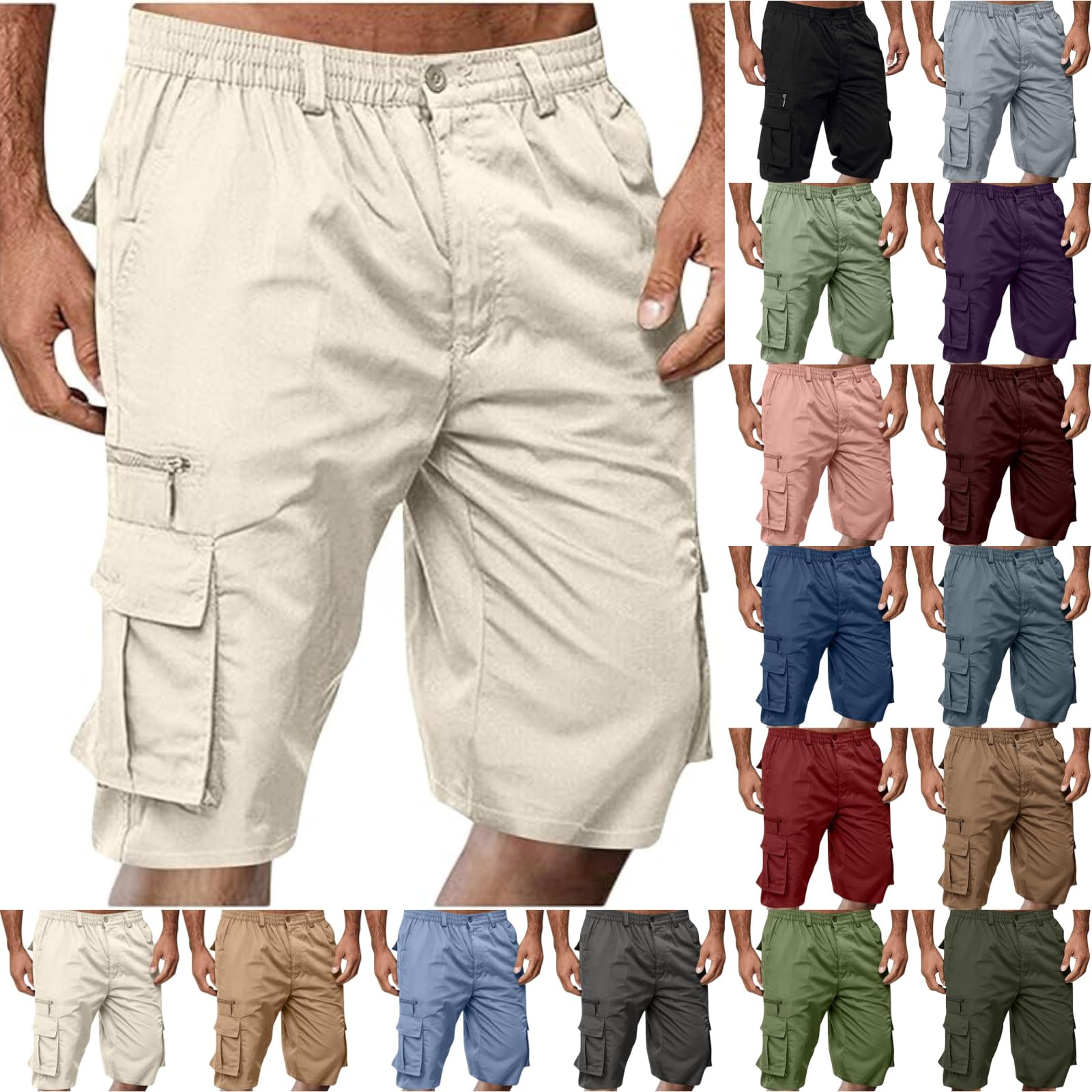 Cargo Shorts for Men Casual Summer Hiking Pants Elastic Waist Big and Tall Knee Length Multi-Pockets Bermuda Shorts