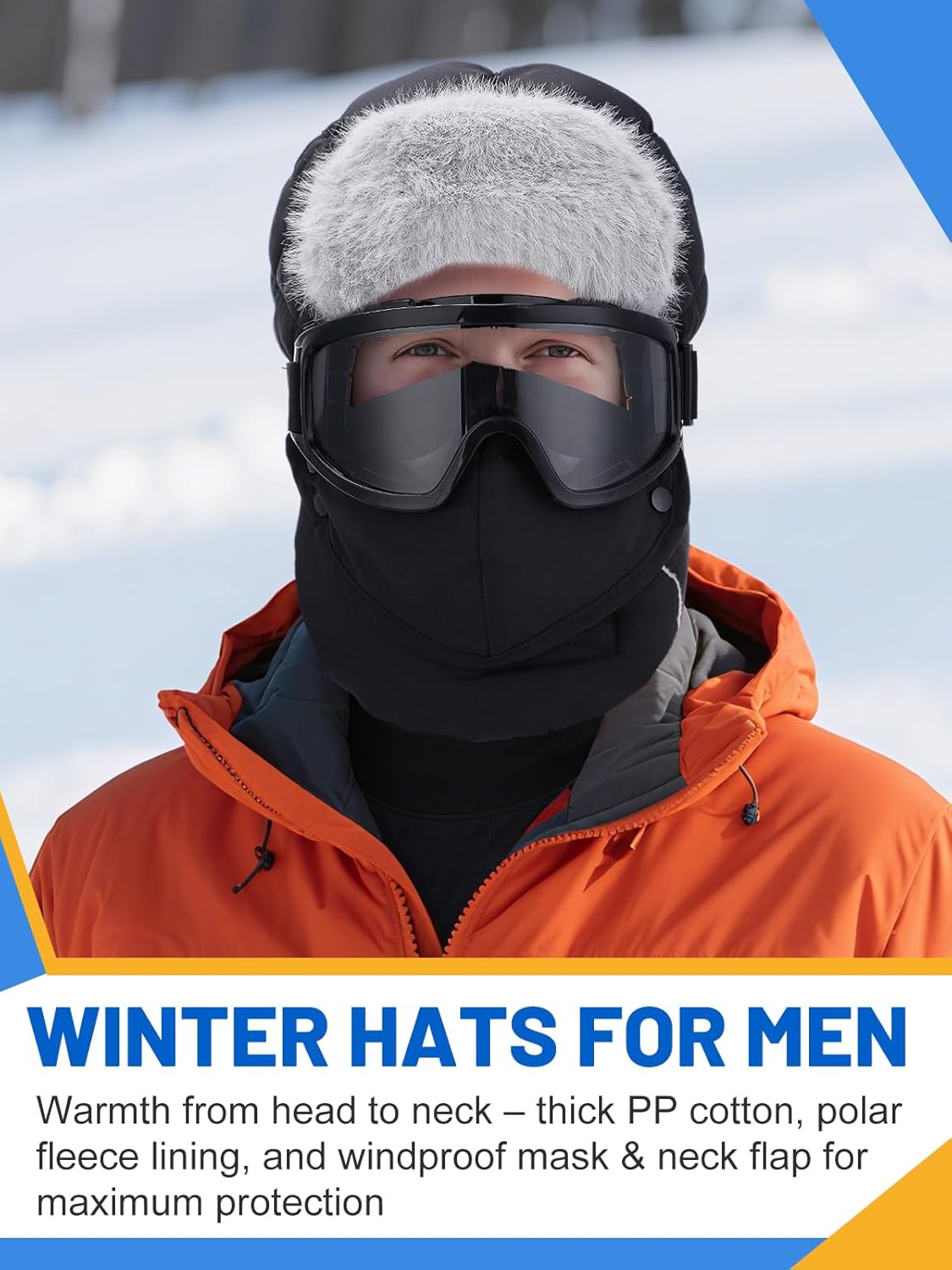 Winter Trapper Hat for Men - Windproof Warm Fleece Men's Hat with Removable Face Mask Goggles Ear Flaps, Christmas Winter Gift Black