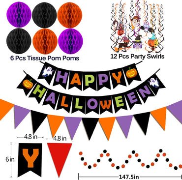 Happy Halloween Banner Paper Triangle Flag Bunting Circle Confetti Dots Hanging Garland Honeycomb Ball Swirl Streamers for Halloween Party Decorations