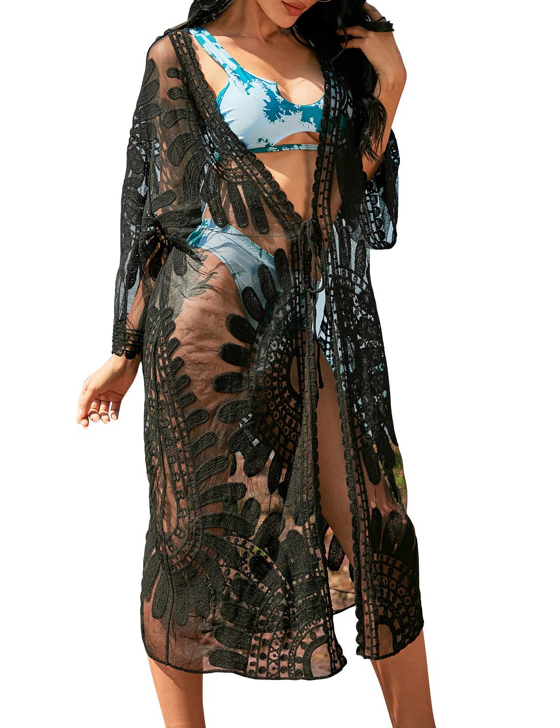 Blooming Jelly Womens Bathing Suit Cover Up 3/4 Sleeve Mesh Swimsuit Coverup Long Floral Beach Lace Kimono Summer Cardigan