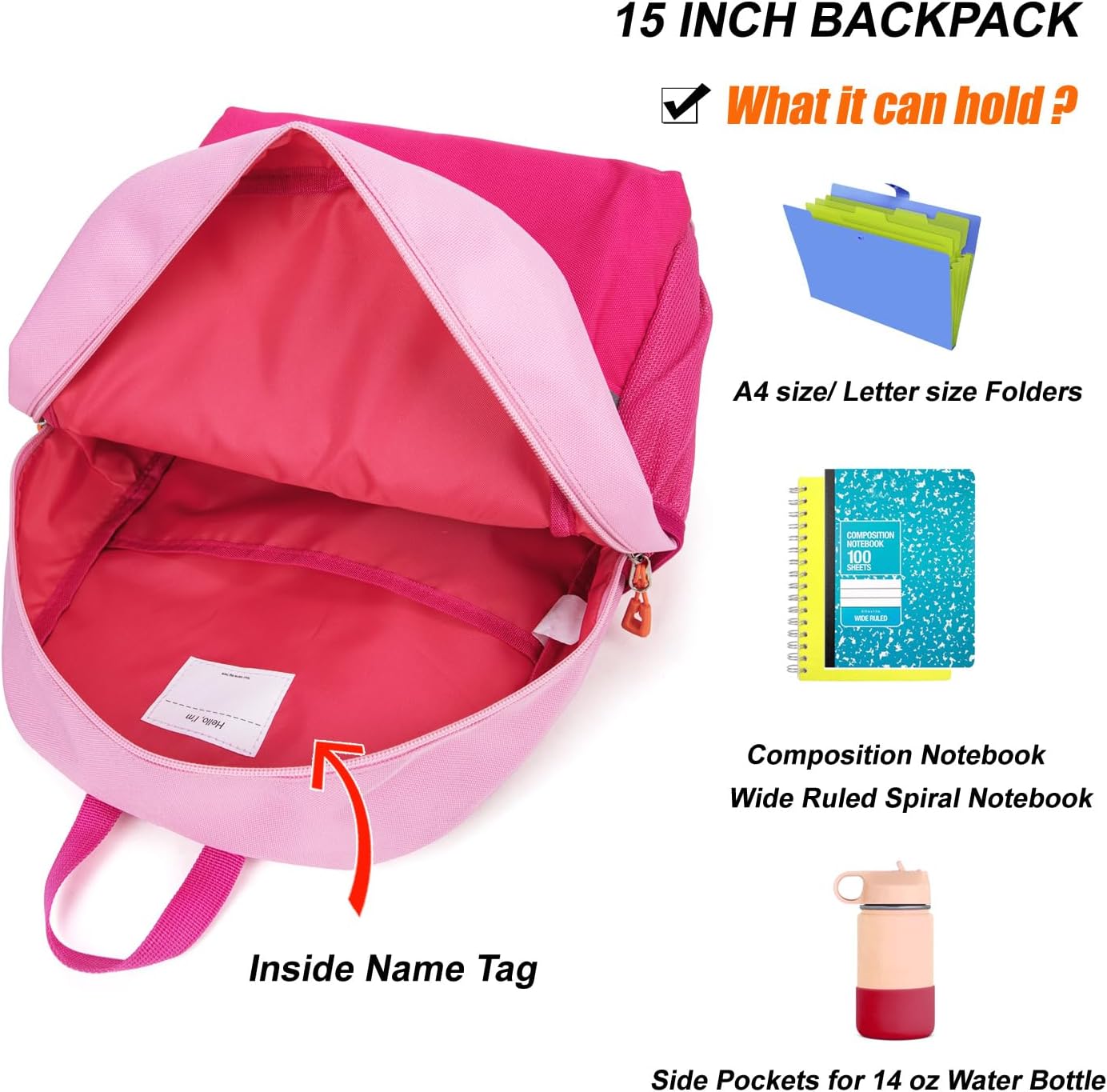 HawLander Little Kids Backpack for Girls Toddler School Bag Fits 3 to 6 years old, 15 inch, Pink