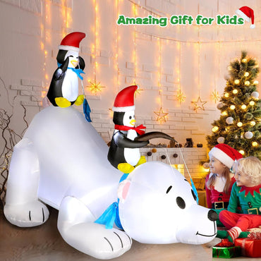 6FT Christmas Inflatable Polar Bear with Penguins Outdoor Decorations, Blow up 2 Penguins Fishing on Big Polar Bear with Bright LED Lights for Xmas Decor Outside Indoor Yard Garden Lawn Holiday Party