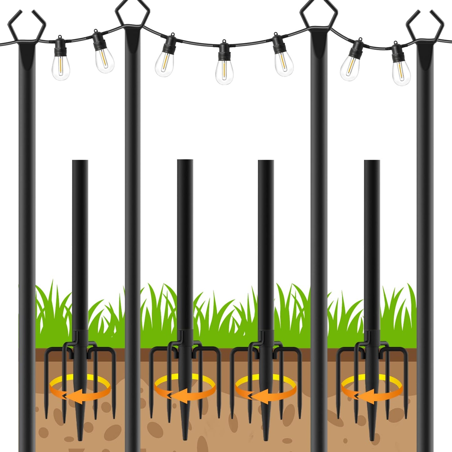 6 Pack String Light Poles, Outdoor String Light Pole 10 ft Forked Metal Light Pole with Adjustable Outdoor Light Stand, Deck, Backyard, Garden, Wedding, Rustproof and Sturdy with Hooks