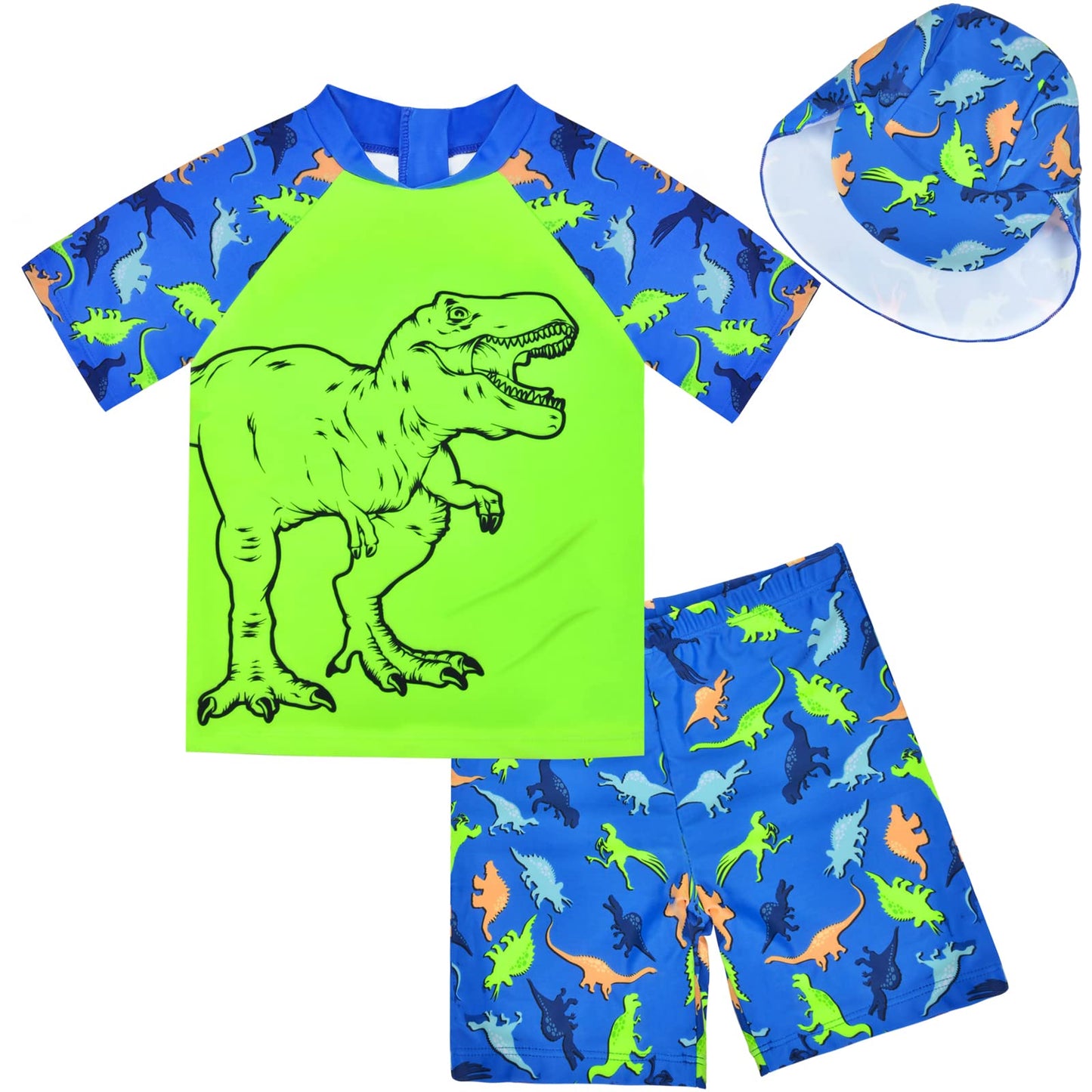 Boys Two Piece Rash Guard Swimsuits Kids Short Sleeve Swimwear Sets Bathing Suit with Sun Hat for 2-6 Years