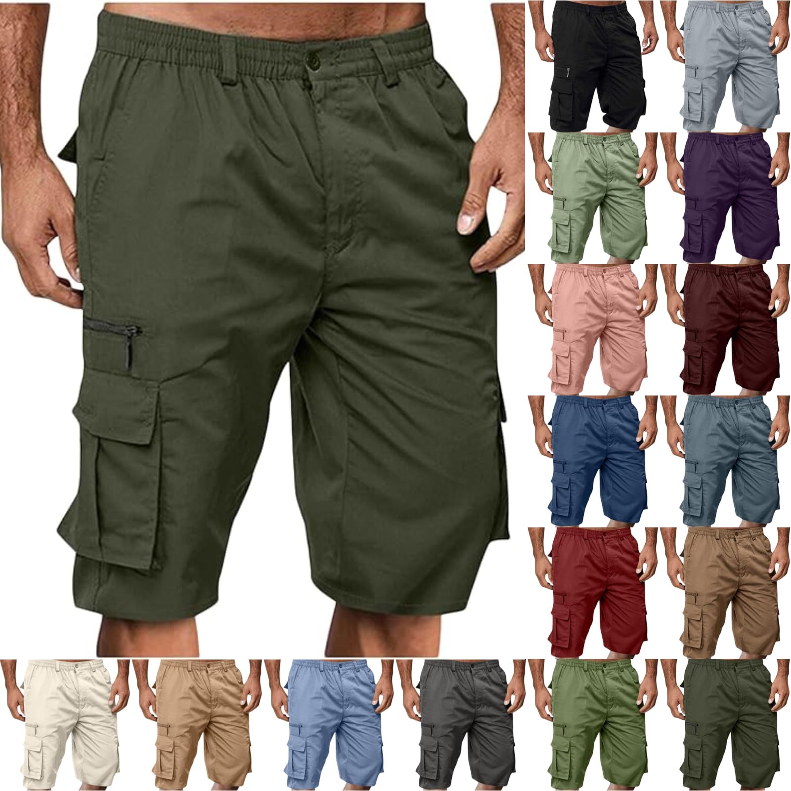 Cargo Shorts for Men Casual Summer Hiking Pants Elastic Waist Big and Tall Knee Length Multi-Pockets Bermuda Shorts