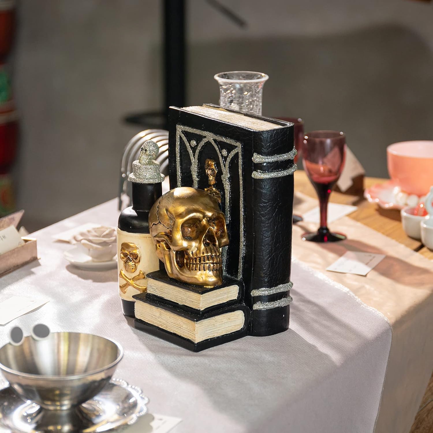Halloween Skull Decor, Gothic Skeleton Heads and Book Resin Statue, Collectible Figurines for Halloween Decor Unique Gifts for Home Decorations 9.2"