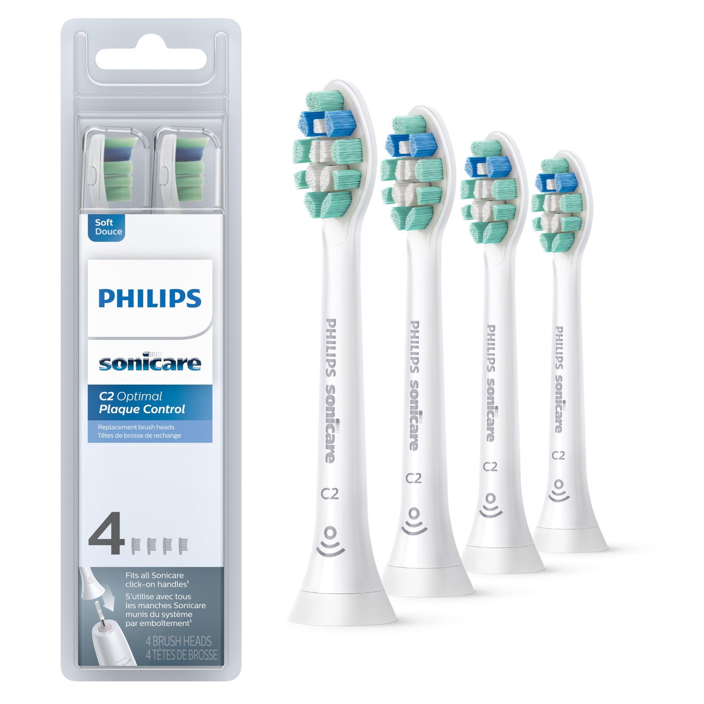 Philips Sonicare Genuine C2 Optimal Plaque Control Toothbrush Heads, 3 Brush Heads, White, HX9023/65