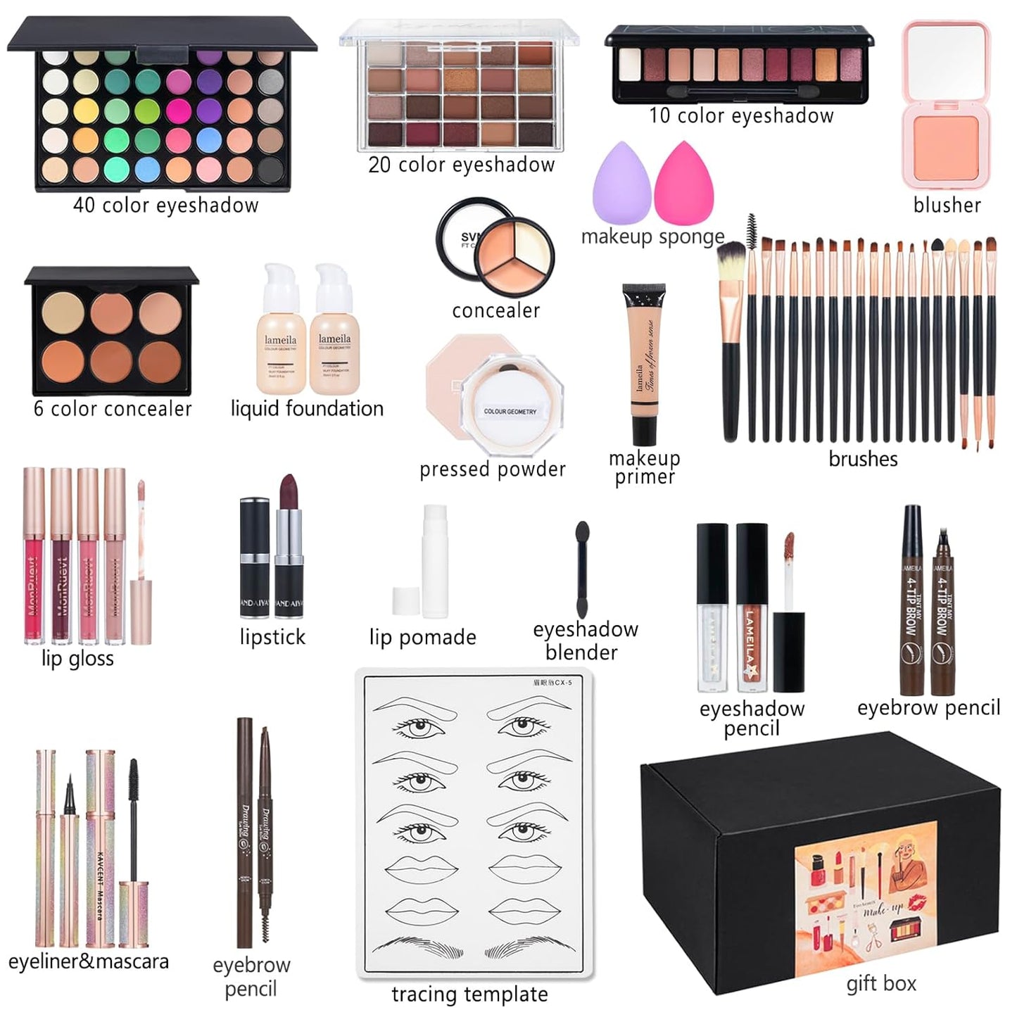 All in One Makeup Kit Makeup Kit for Women Full Kit Multipurpose Makeup ,eyeshadow、 liquid foundation,Loose powder,Eyebrow pencil,4-color lip gloss set