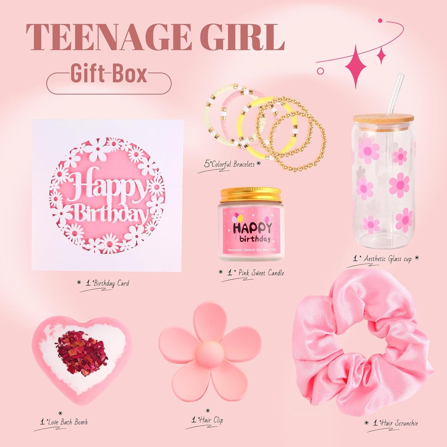 ONIYEA Birthday Gift for Teen Girls, 7 Cute Gifts with Tasks, Happy Birthday Gift Ideas,Trendy Preppy Stuff for Teen Girls, Christmas, Cute Daisy Aesthetic Glass Cups Tumbler Gifts Set 7pcs (Pink)