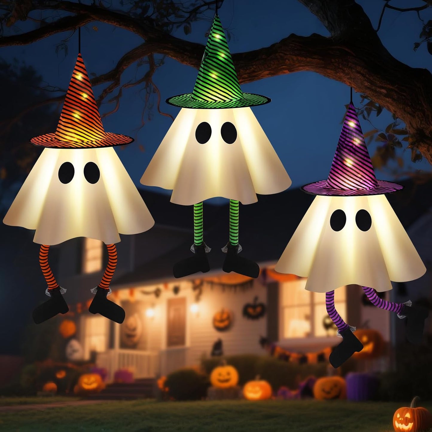 3 PCS Halloween Hanging Ghosts - Halloween Decorations Outdoor Hanging Ghosts with Witch Hats, Glowing Ghost Witch Hats Lights, Halloweens Ghosts Decor for Yard Door Patio Garden Tree Outside