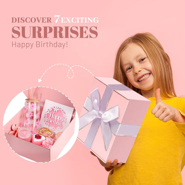 ONIYEA Birthday Gift for Teen Girls, 7 Cute Gifts with Tasks, Happy Birthday Gift Ideas,Trendy Preppy Stuff for Teen Girls, Christmas, Cute Daisy Aesthetic Glass Cups Tumbler Gifts Set 7pcs (Pink)