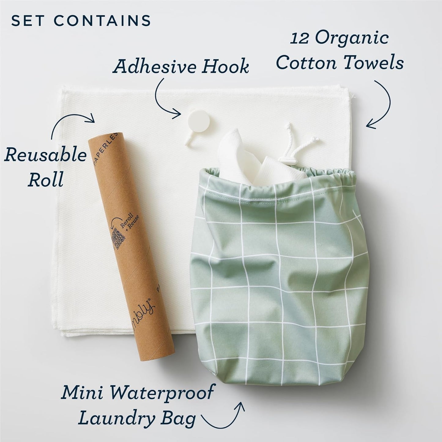 Esembly Paperless Towel Roll - Reusable Kitchen Towels 12-Pack Washable Cotton with Laundry Bag & Hook - Zero-Waste, Absorbent, Washable - Botany