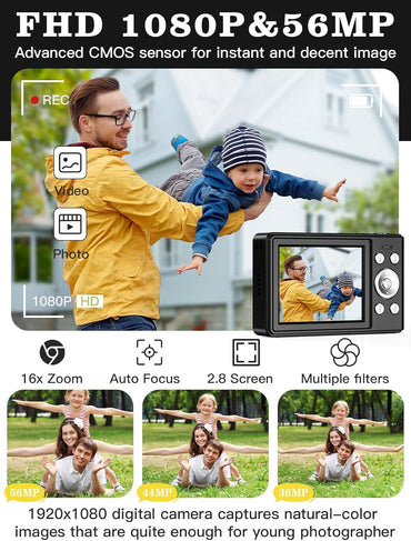 Upgrade Digital Camera, 56MP FHD 1080P Camera for Kids with 16x Zoom Anti Shake, Kid Camera with 32GB TF Card, Two Batteries, Lanyard, Compact Small for Kids Boys Girls(Black)