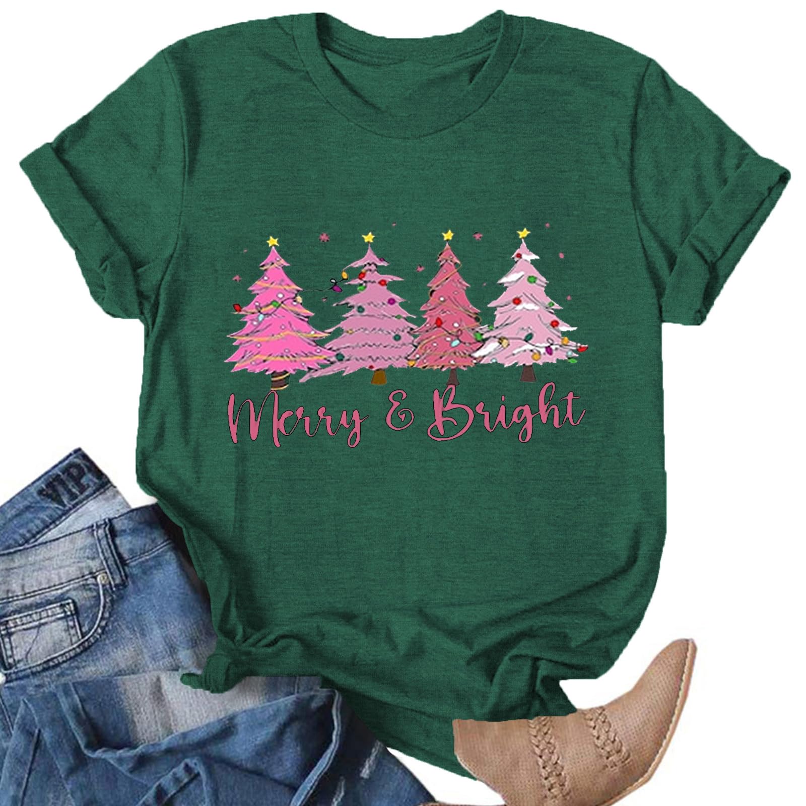 Christmas Shirts for Women:Merry Christmas T-Shirt Xmas Tree Casual Short Sleeve Tee Tops