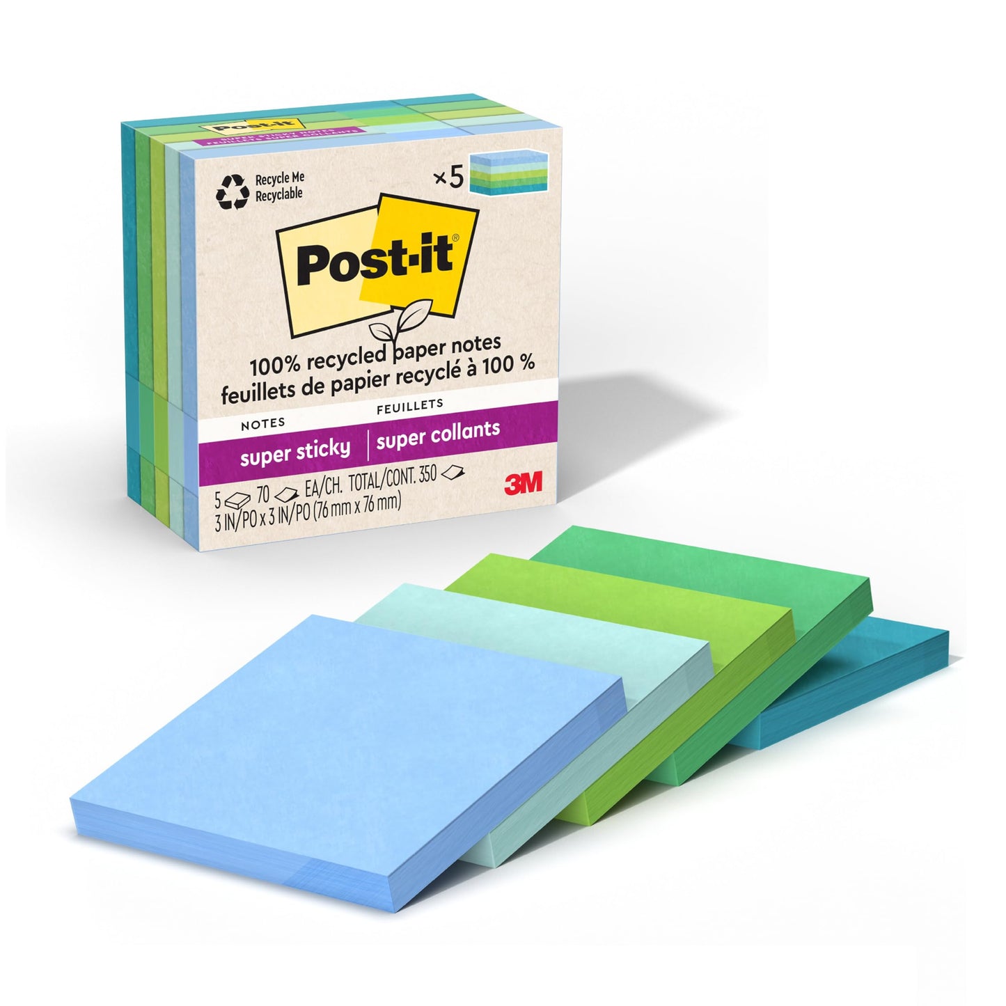 Post-it 100% Recycled Paper Super Sticky Notes, 2X The Sticking Power, 3x3 in, 5 Pads, 70 Sheets/Pad, Wanderlust Pastels Collection (654R-5SSNRP)