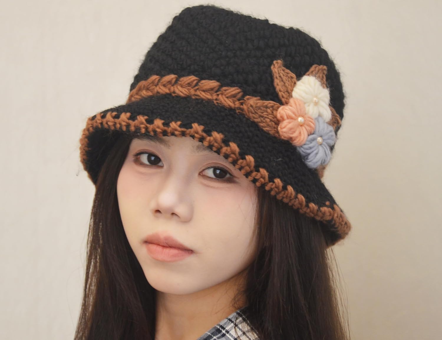 French Thicken Women's Flowers Knitted-Woolen-Hat Fashion Beanie-Hat Lady Crochet-Bucekt-Hat for Winter