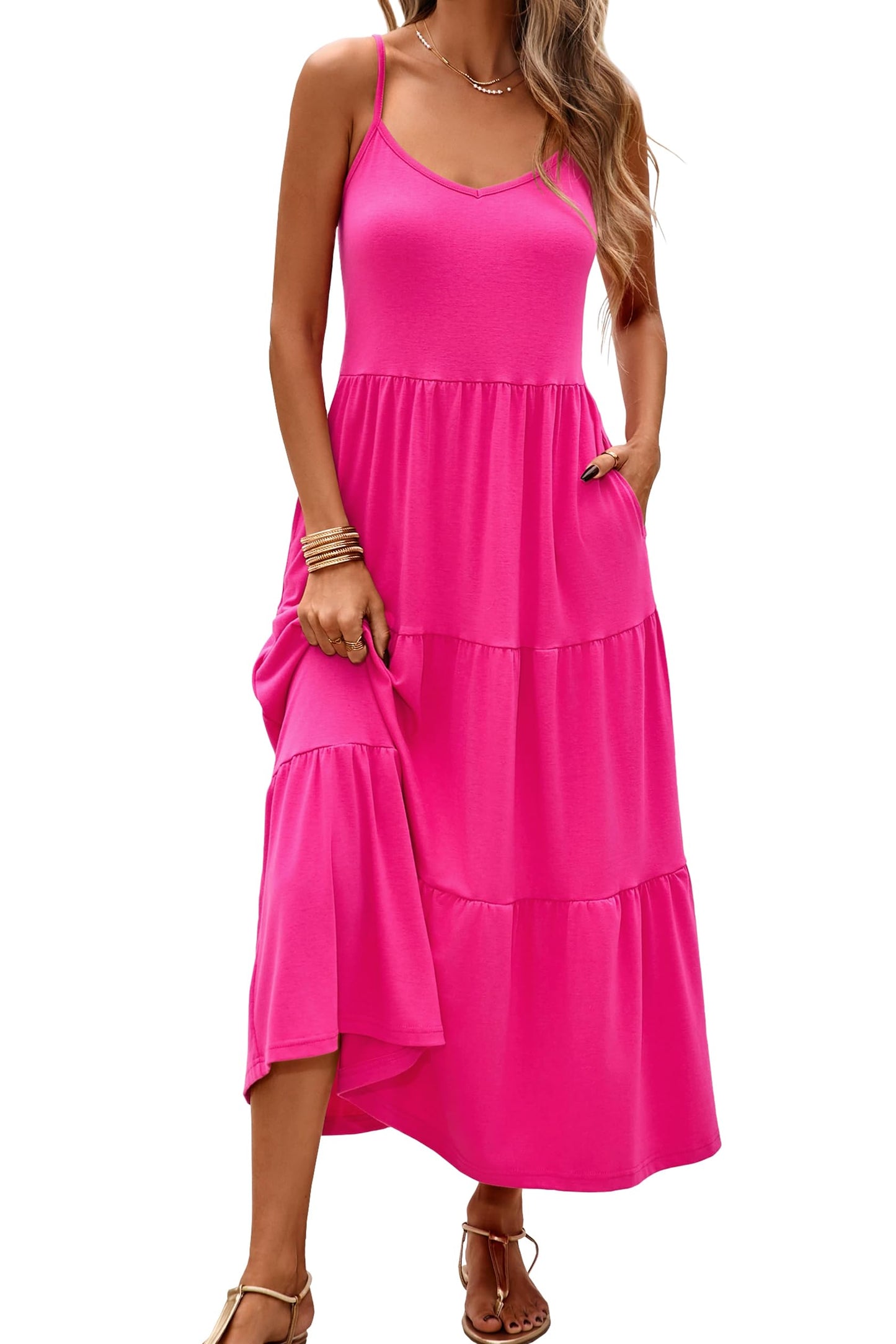 Halife Womens Flowy Tiered Maxi Dress Sleeveless Summer Sundresses Adjustable Straps Long Beach Sun Dresses with Pockets