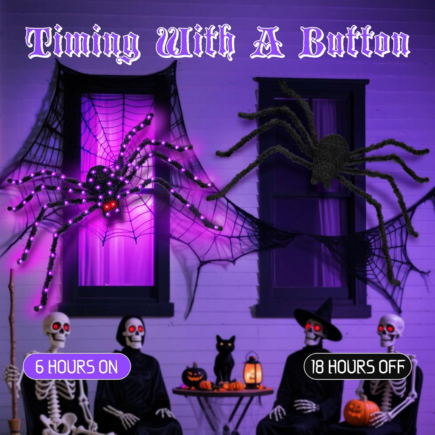 Halloween Spider Lights with Timer 73 LED Giant Fuzzy Spider Halloween Decor for Indoor Outdoor Halloweens Decorations Yard Porch Haunted House Scary Spider Web Display