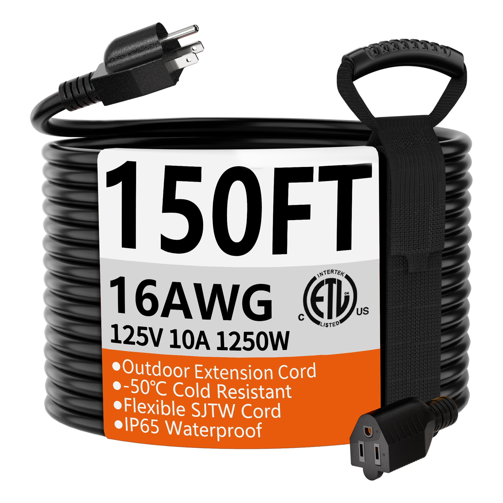 HUANCHAIN Indoor Outdoor Black Extension Cord 50 ft Waterproof, 16/3 Gauge Flexible Resistant Appliance Extension Cord Outside, 13A 1625W 16AWG SJTW, 3 Prong Heavy Duty Electric Cable, ETL Listed