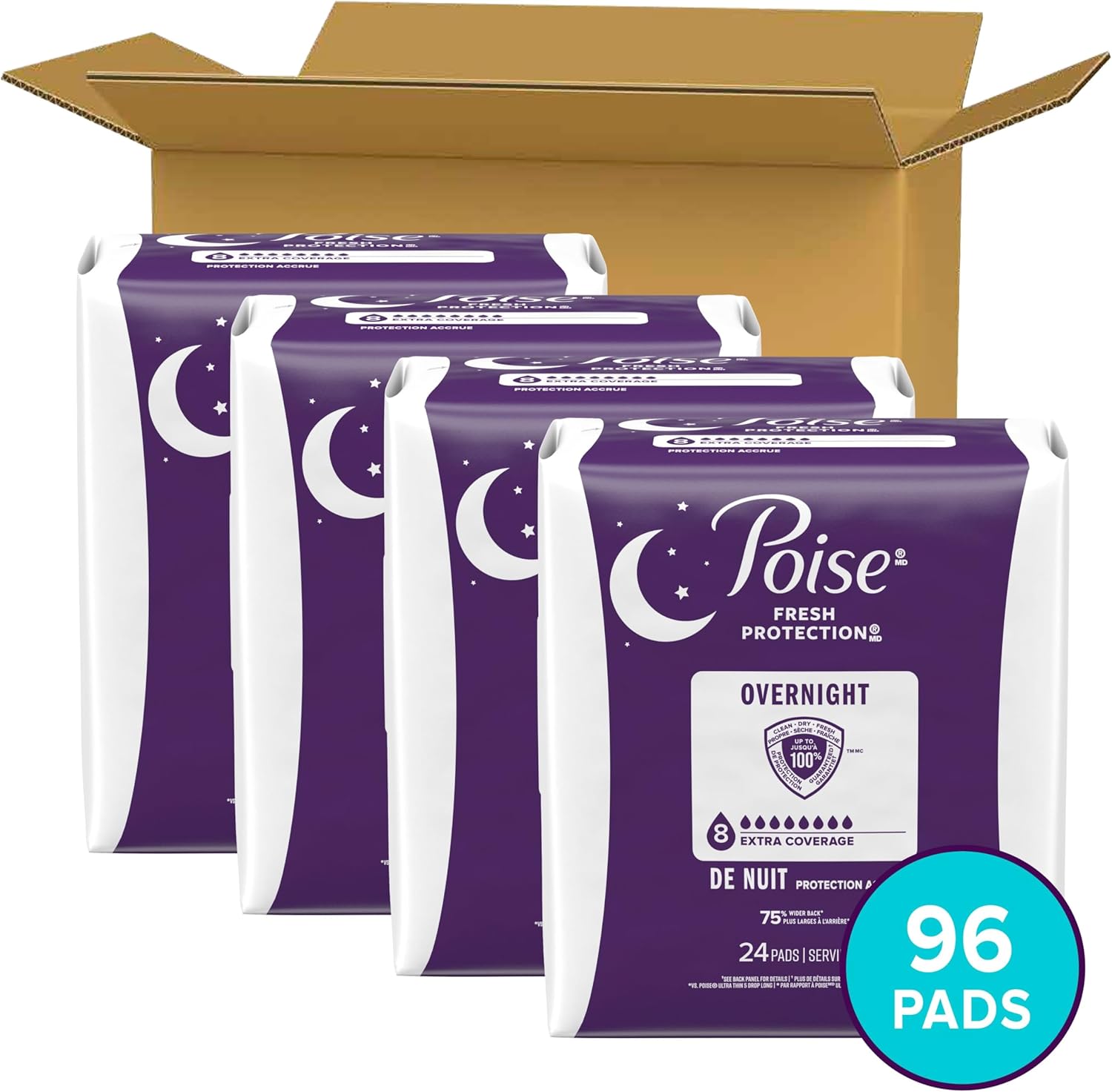 Poise Overnight Incontinence & Postpartum Pads for Bladder Leaks, 8 Drop Extra Coverage, 96 Count, Packaging May Vary