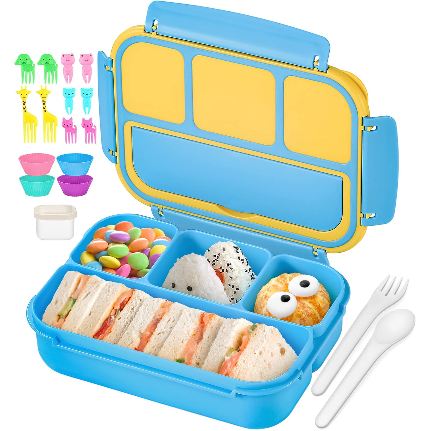 QQKO Bento Lunch Box for Kids Girls Boys, Toddler Kids Lunch Boxes for School, Lunch Containers for Adults with 4 Compartments, Sauce Container, Utensils, Food Picks and Muffin Cups, Purple