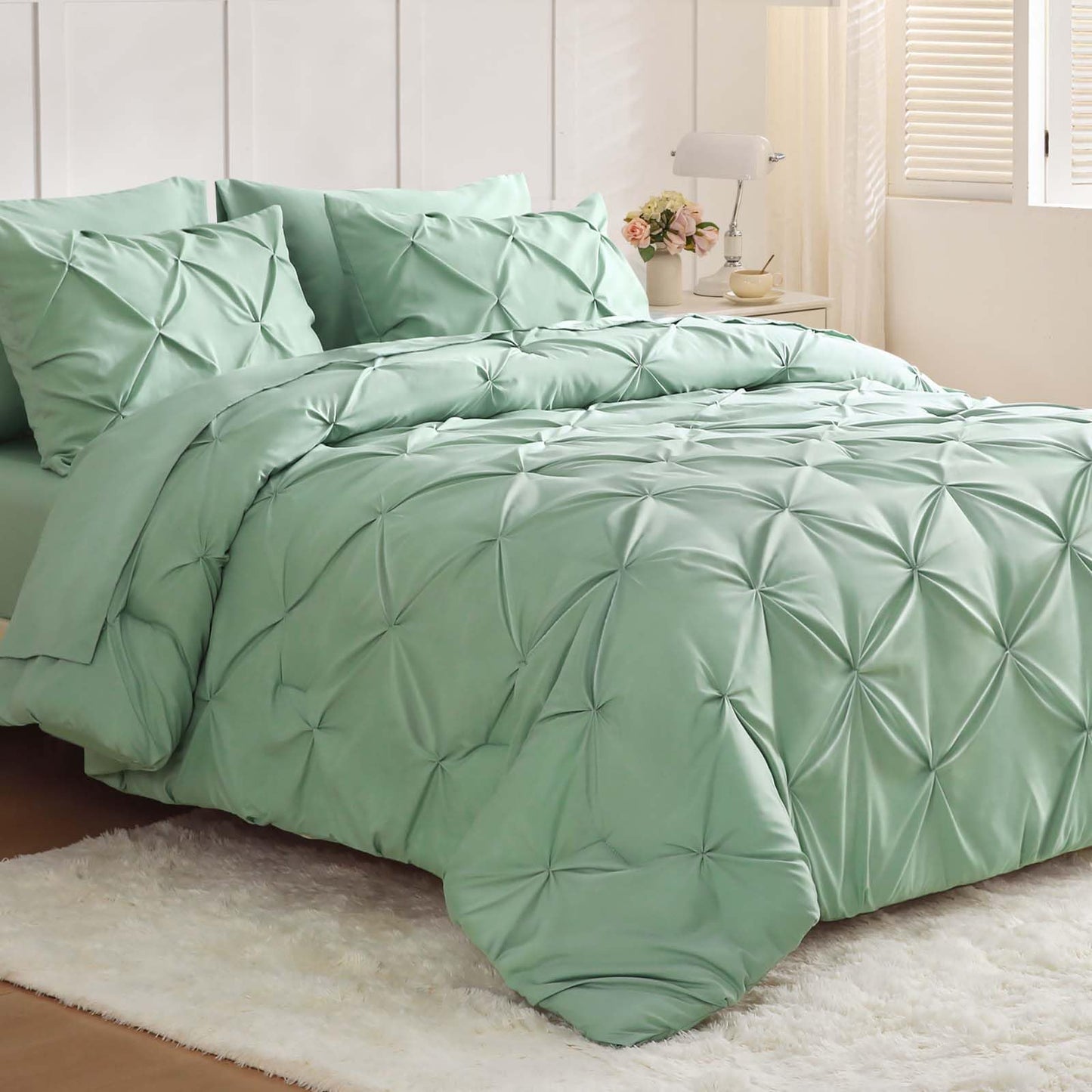 JOLLYVOGUE Queen Comforter Set 7 Pieces - Bed in a Bag Queen for All Season, Pintuck Bedding Comforter Sets with Comforter, Flat Sheet, Fitted Sheet and Pillowcases & Shams, Black
