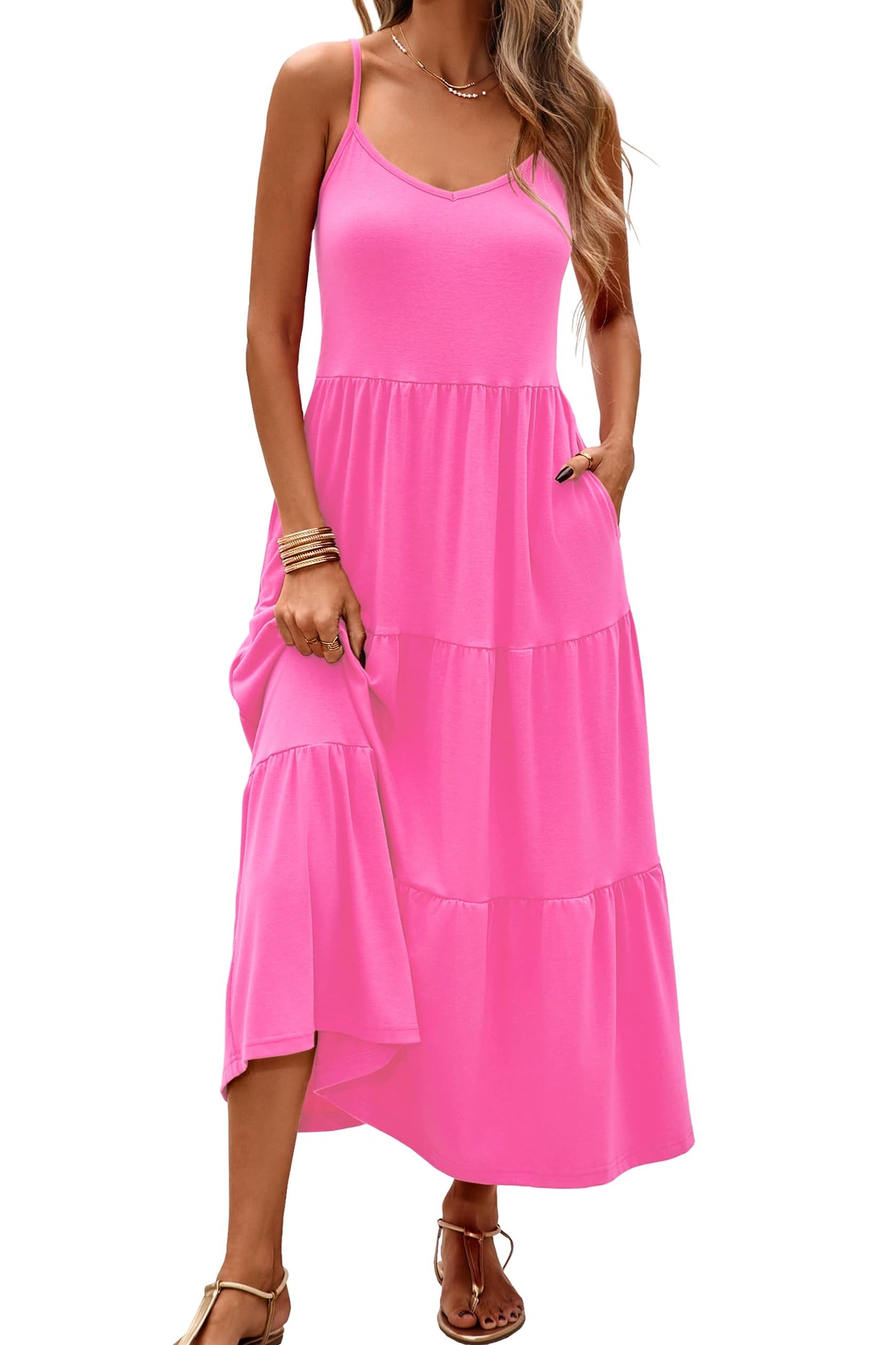 Halife Womens Flowy Tiered Maxi Dress Sleeveless Summer Sundresses Adjustable Straps Long Beach Sun Dresses with Pockets