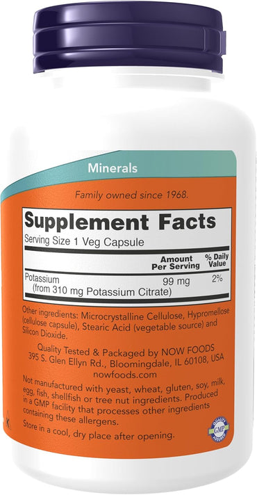 NOW Foods Supplements, Potassium Citrate 99 mg, Supports Electrolyte Balance and Normal pH*, Essential Mineral, 180 veg Capsules