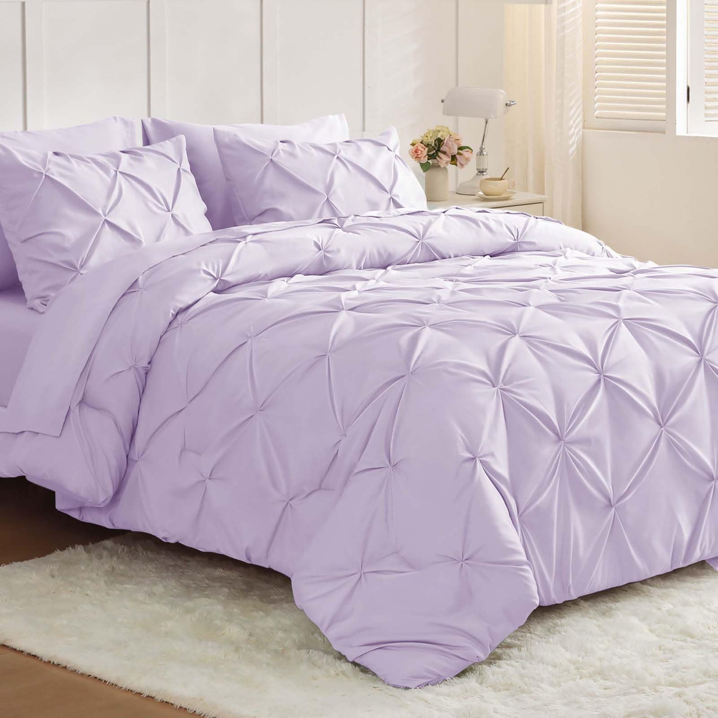 JOLLYVOGUE Queen Comforter Set 7 Pieces - Bed in a Bag Queen for All Season, Pintuck Bedding Comforter Sets with Comforter, Flat Sheet, Fitted Sheet and Pillowcases & Shams, Black