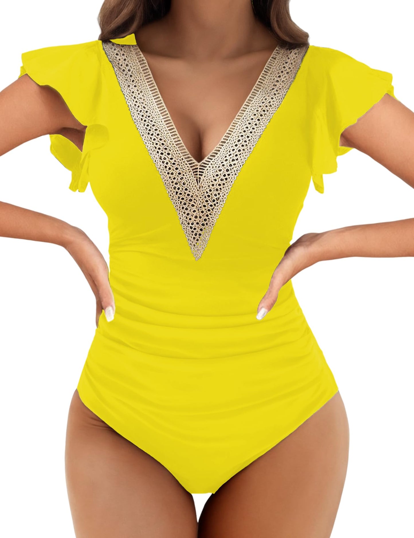 Buauty Womens One Piece Swimsuits Tummy Control Bathing Suits Deep V Lace Neckline Ruffle Swimwear Women 2025