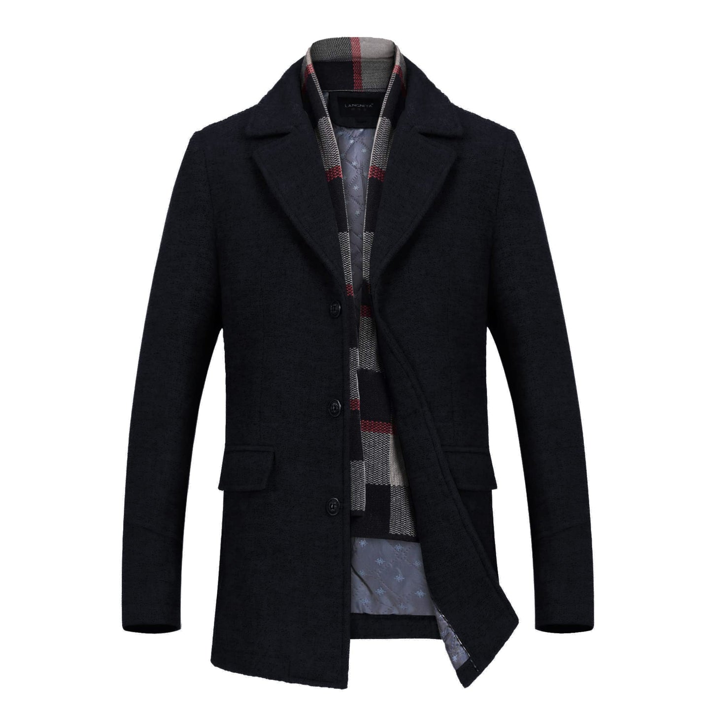 INVACHI Men's Wool Blend Pea Coat Warm Winter Trench Coat with Detachable Soft Scarf Single Breasted Overcoat