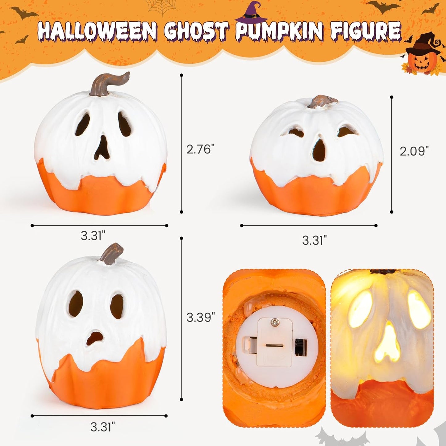 Halloween Decorations,Light Up Ghost Pumpkin Decorations Set of 3,Cute Halloween Decor Indoor for Kitchen Tabletop Mantel Party Home Decor