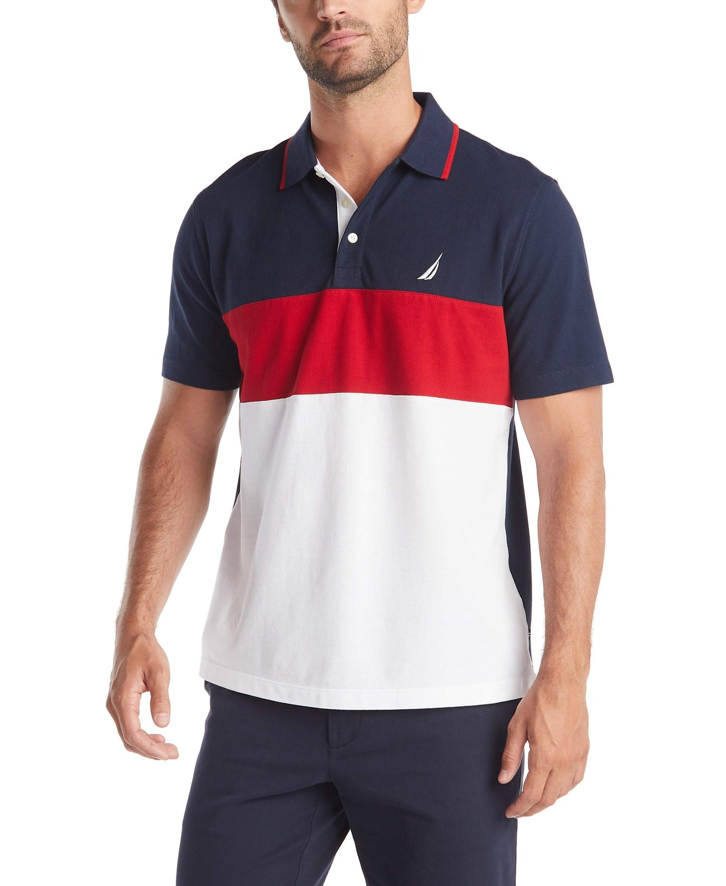 Nautica Men's Short Sleeve 100% Cotton Pique Color Block Polo Shirt
