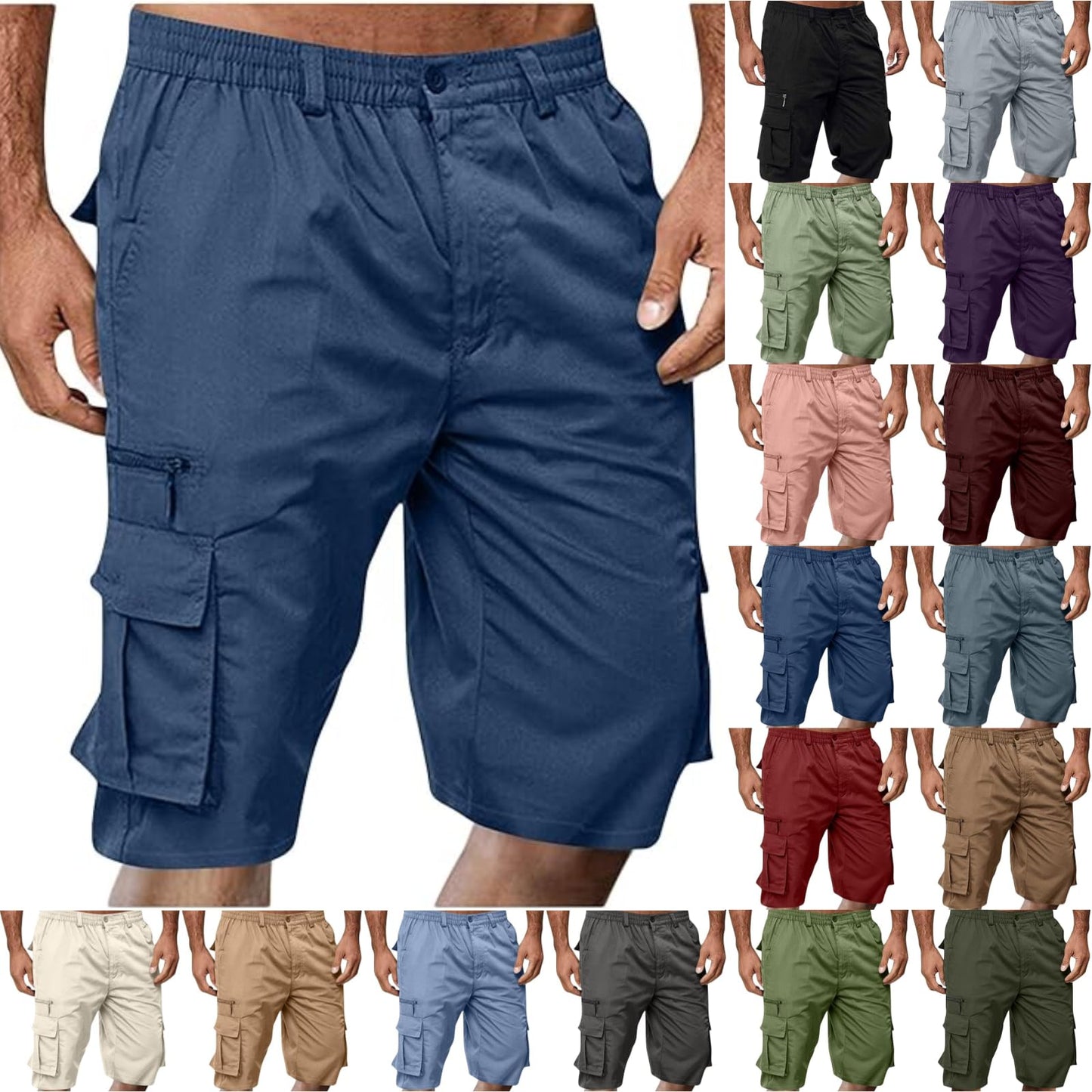 Cargo Shorts for Men Casual Summer Hiking Pants Elastic Waist Big and Tall Knee Length Multi-Pockets Bermuda Shorts