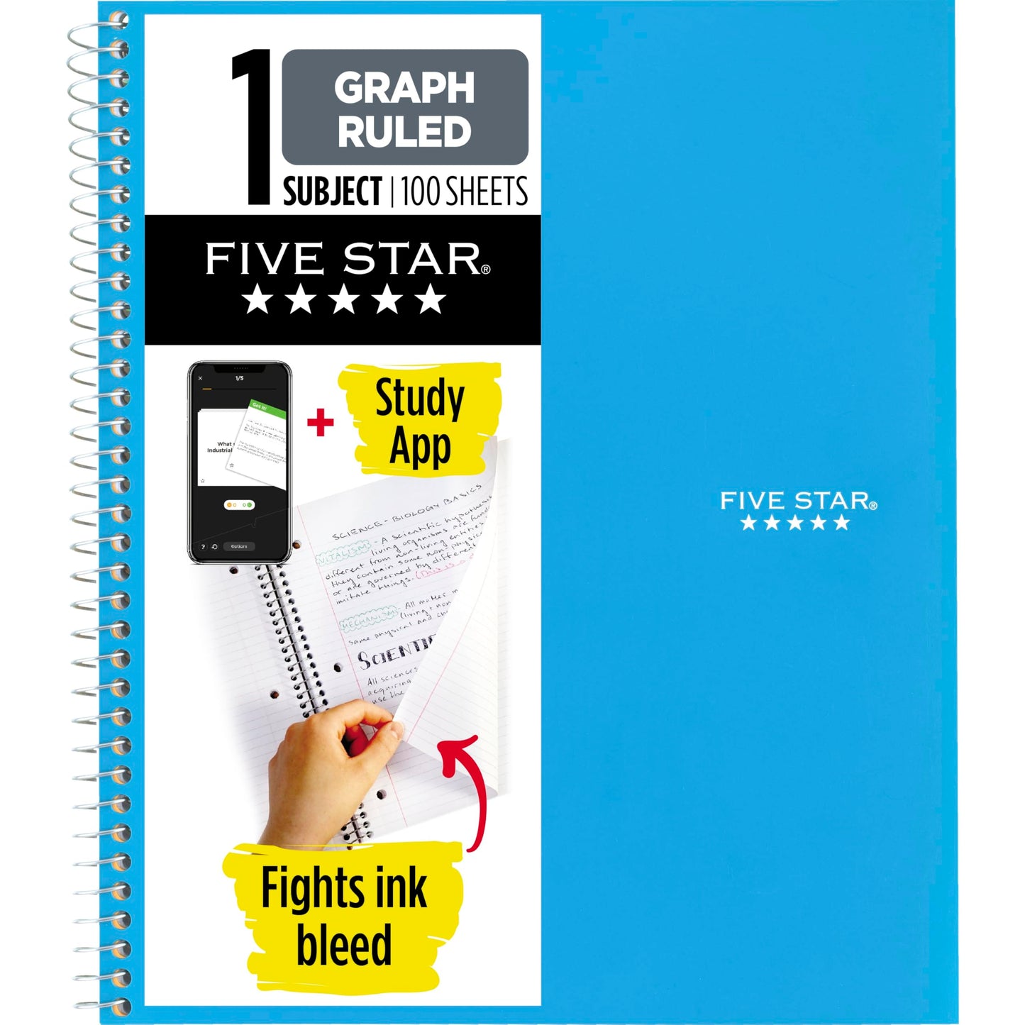 Five Star Spiral Notebook + Study App, 1 Subject, Graph Ruled Paper, 8-1/2" x 11", 100 Sheets, Fights Ink Bleed, Water Resistant Cover, Black (73679)