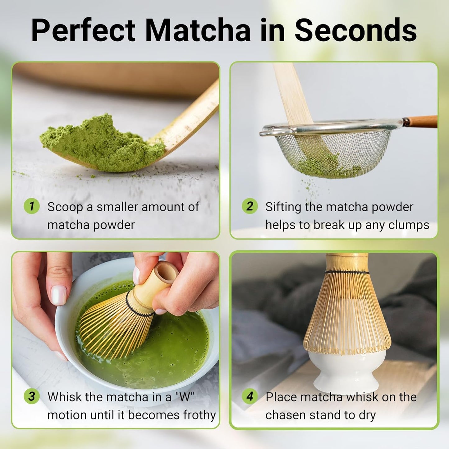 Bamboo Matcha Whisk Set -Matcha Whisk (Chasen),Whisk Holder(White),Sifter,Tea Scoop and Tea Spoon