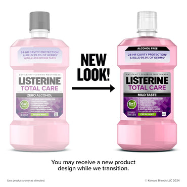 Listerine Total Care Alcohol-Free Anticavity Fluoride Mouthwash, 6 Benefit Oral Rinse to Help Kill 99% of Germs That Cause Bad Breath, Strengthen Enamel, Fresh Mint Flavor, 500 mL