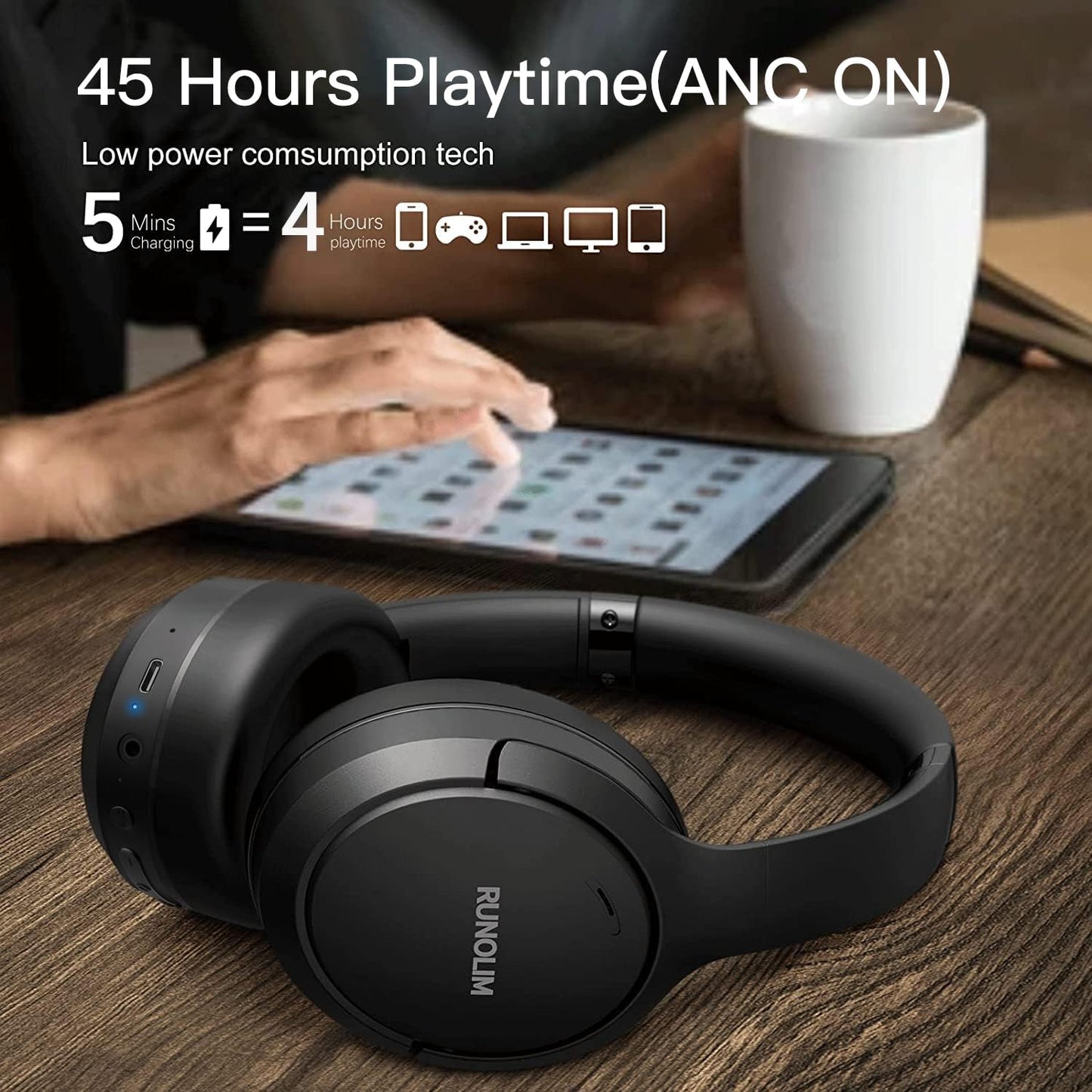 RUNOLIM Hybrid Active Noise Cancelling Headphones, Wireless Over Ear Bluetooth Headphones with Microphone, 70H Playtime, Foldable Headphone with HiFi Audio, Deep Bass for Home Travel Office