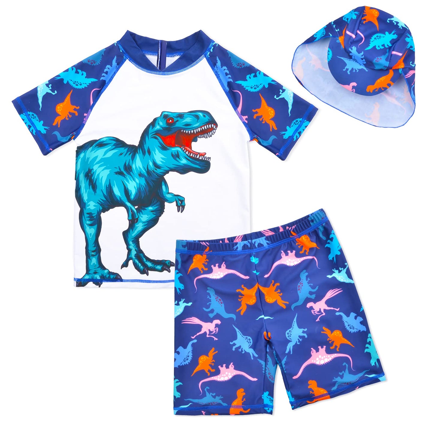 Boys Two Piece Rash Guard Swimsuits Kids Short Sleeve Swimwear Sets Bathing Suit with Sun Hat for 2-6 Years