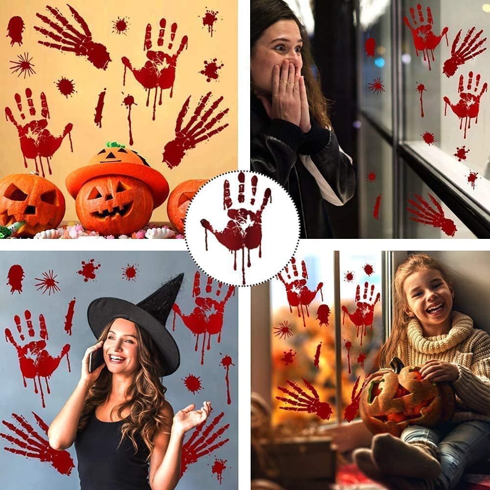 Halloween Decorations, 8 Sheet/95Pcs Halloween Bloody Handprint Footprint Wall Decal Floor Clings, Horror Handprint Home PVC Halloween Decoration Window Stickers