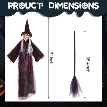 3 Pcs 71" Halloween Hanging Witch Decorations Set LED Large Outdoor Ghost with Cauldron, Sound Activated Talking Animated Prop with Broom, Tripod Outdoor Halloween Decor for Yard Lawn Garden