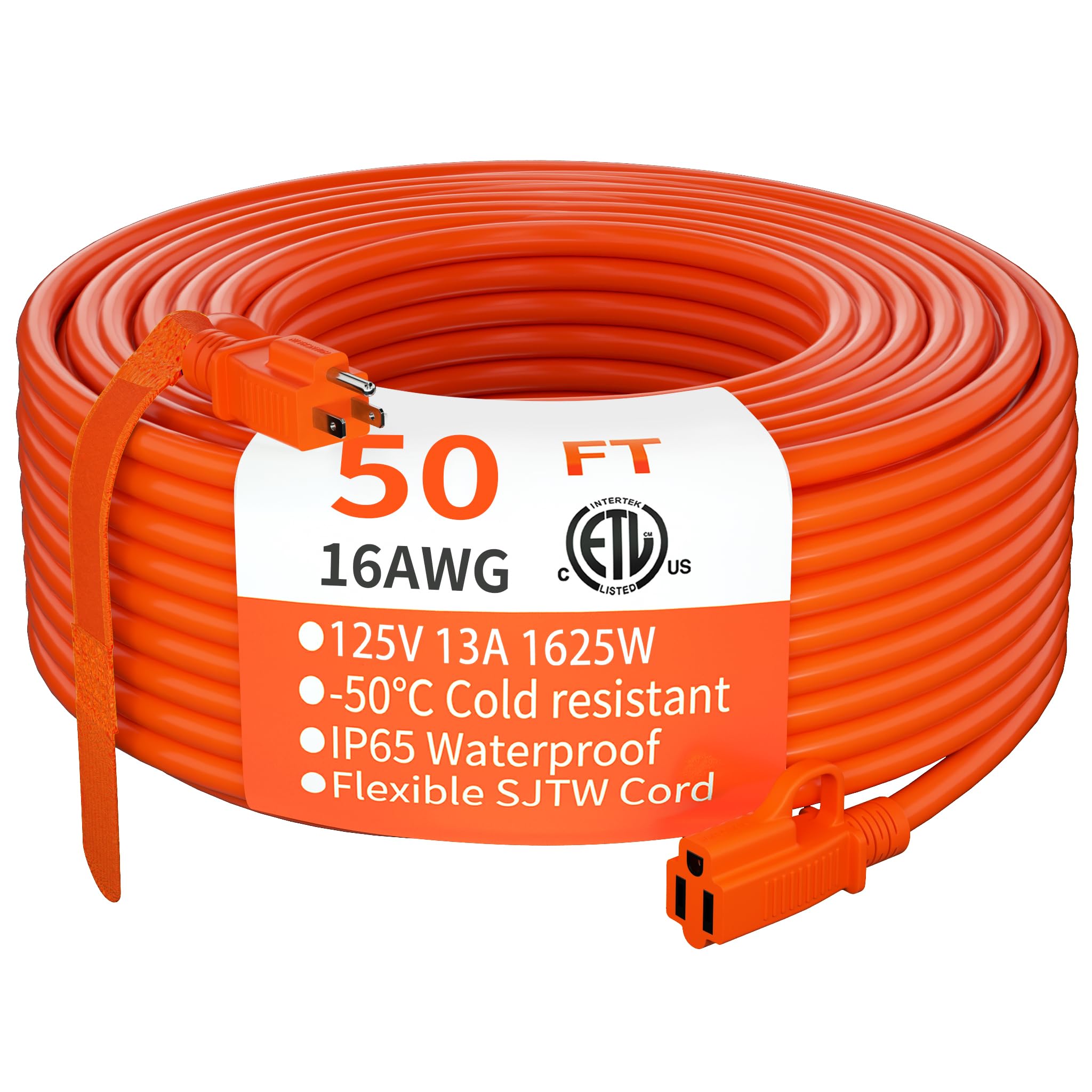 HUANCHAIN Indoor Outdoor Black Extension Cord 50 ft Waterproof, 16/3 Gauge Flexible Resistant Appliance Extension Cord Outside, 13A 1625W 16AWG SJTW, 3 Prong Heavy Duty Electric Cable, ETL Listed