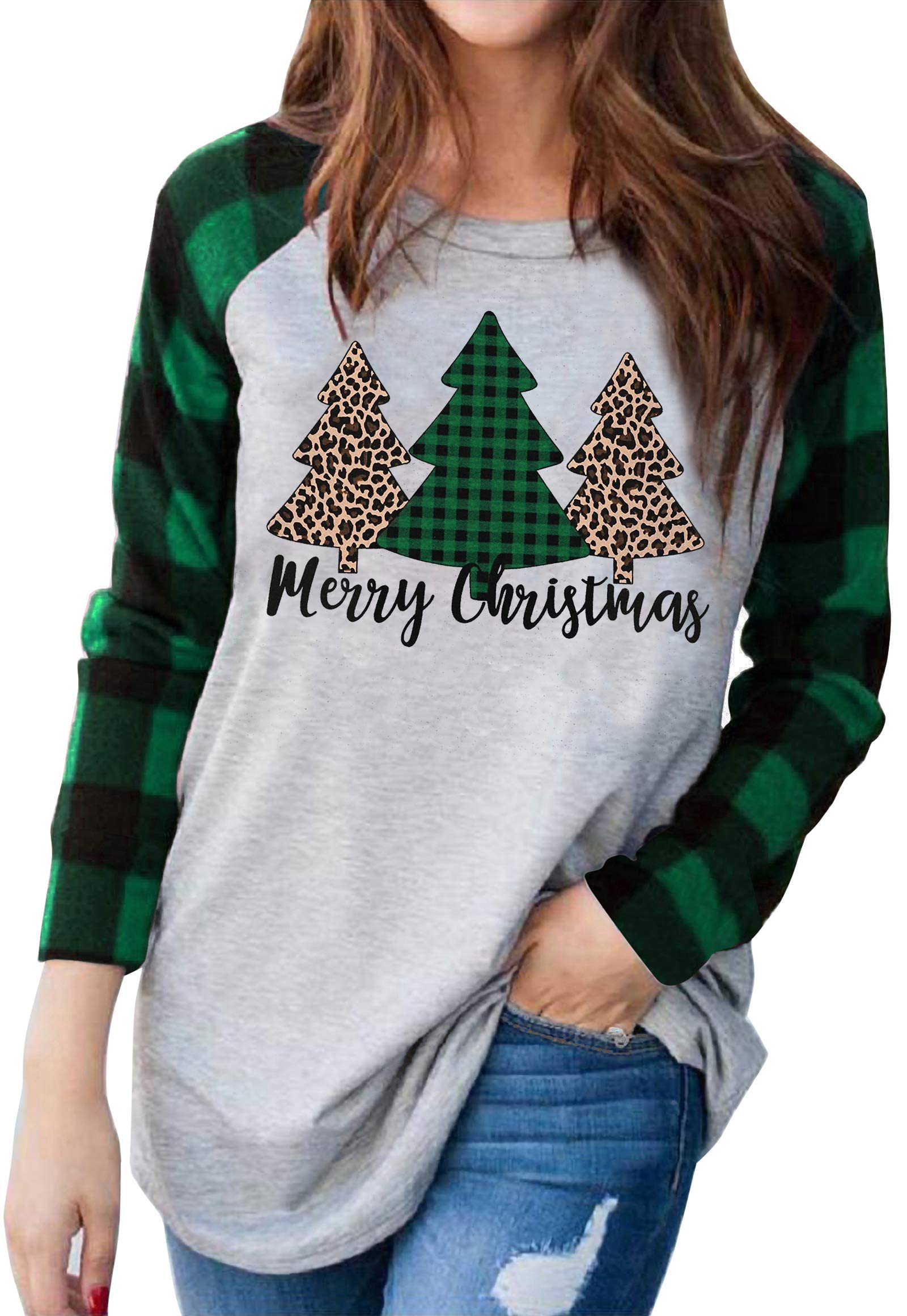 Plus Size Christmas T Shirt Women Xmas Leopard Plaid Trees Print Tees Casual Long Sleeve Holiday Shirts Top