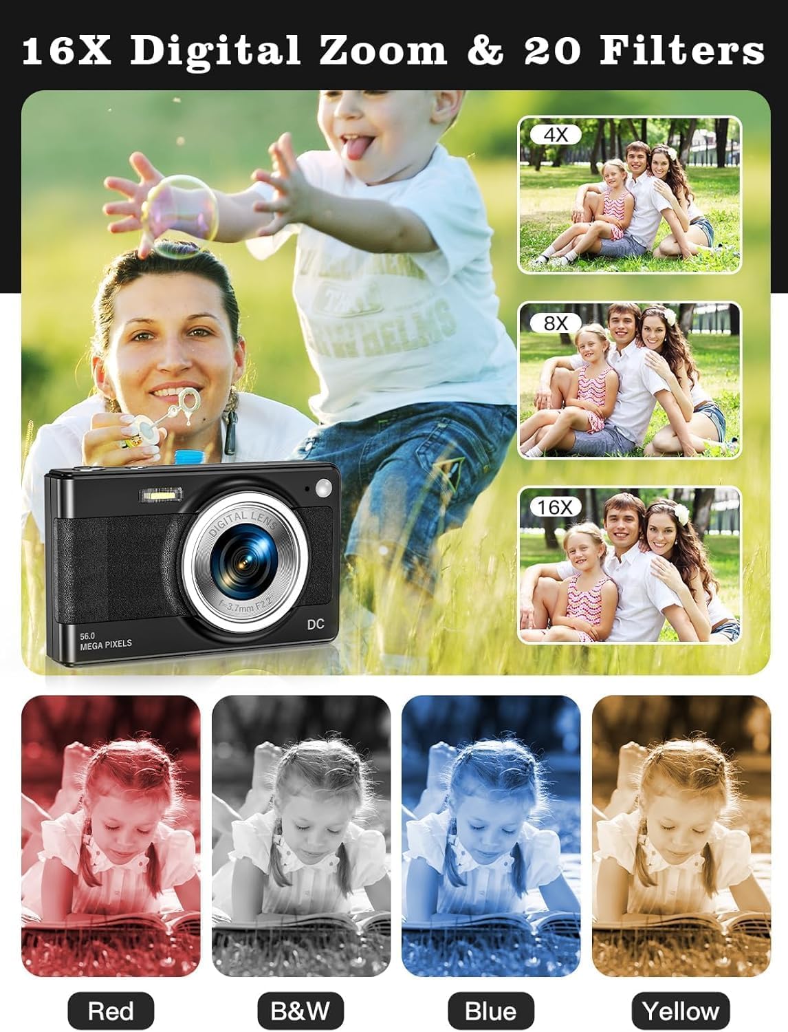Upgrade Digital Camera, 56MP FHD 1080P Camera for Kids with 16x Zoom Anti Shake, Kid Camera with 32GB TF Card, Two Batteries, Lanyard, Compact Small for Kids Boys Girls(Black)