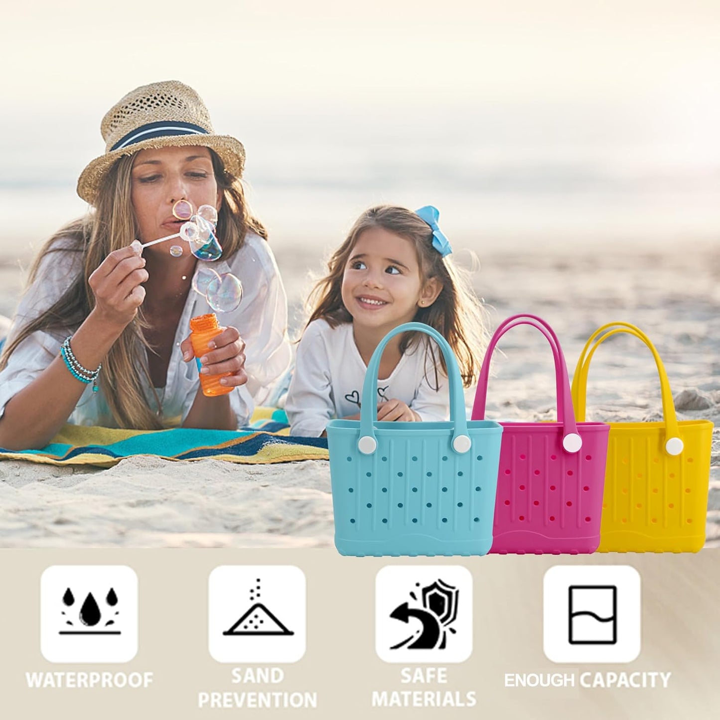 Rubber Tote Bag Small Beach Bag Waterproof Travel Bags Washable Tote Portable Open Handbag for Sports Beach Boat Outdoor
