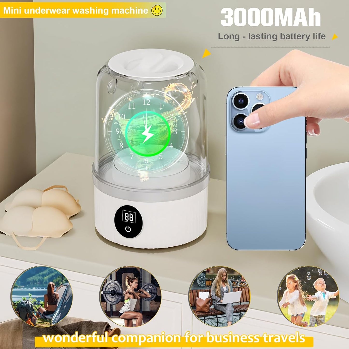 Underwear Washer, Portable Mini Washing Machine, 2025 Upgraded Mini Washings Machines, Rechargeable Cordless Washing-Machine, Laundry Cup for Bra, Underwear, Socks (white)