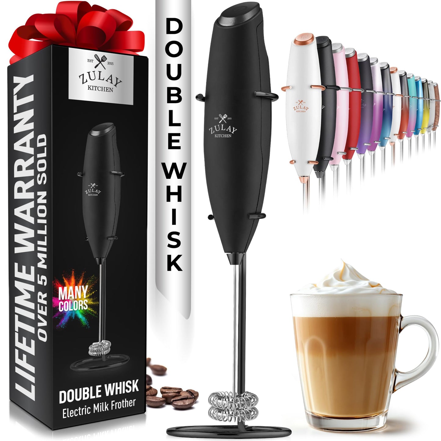 Zulay Kitchen Powerful Milk Frother Wand With 2 Duracell Batteries - Ultra Fast Handheld Drink Mixer - Electric Whisk Foam Maker for Coffee, Lattes, Cappuccino, Matcha, Hot Chocolate & Creamer - Black